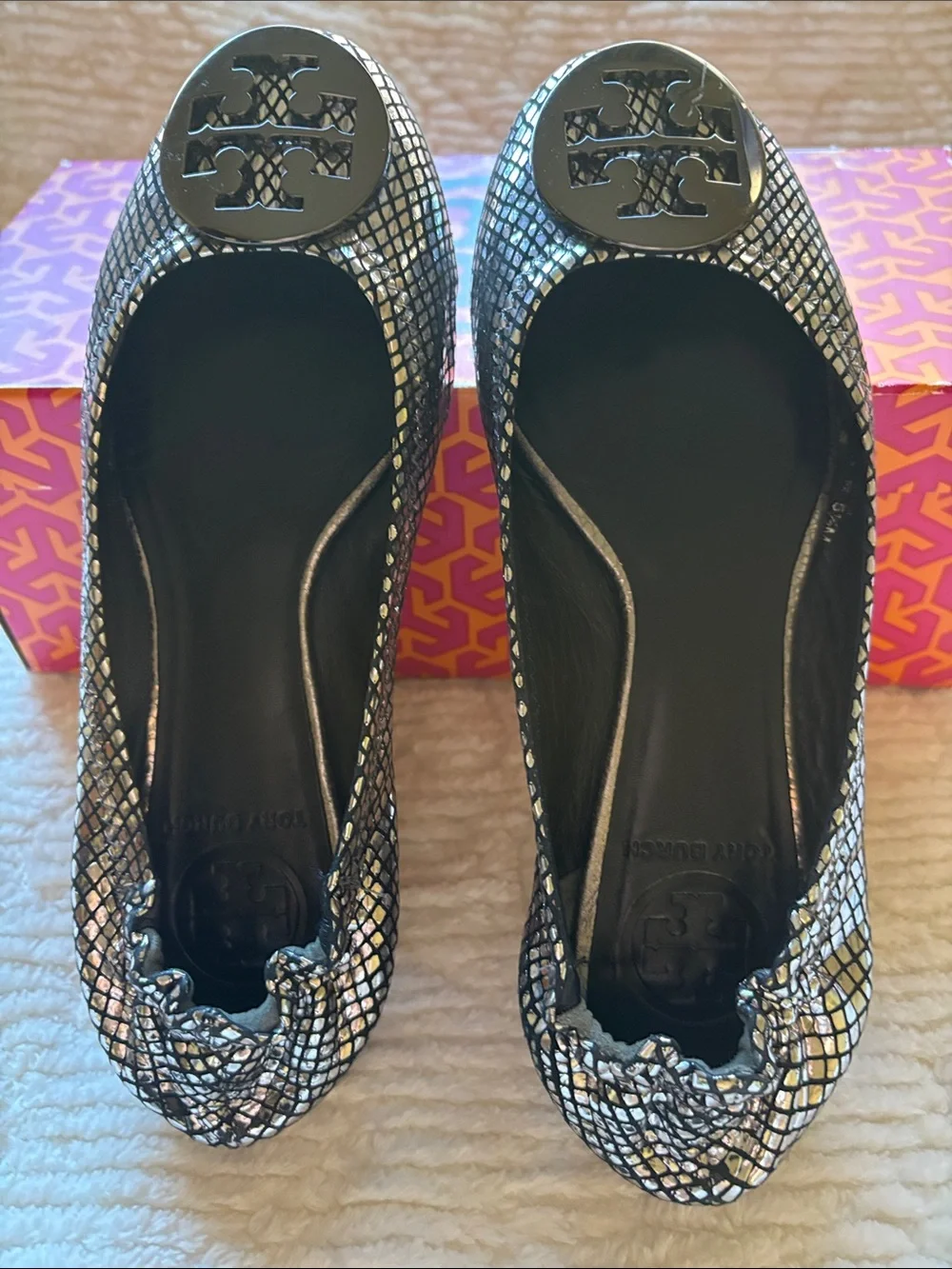 Tory Burch Pewter Reva Mirror Snake Print with Metal Logo